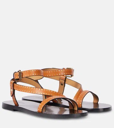 Isabel Marant Flat Brown Leather Sandals With Gold Stud Accents