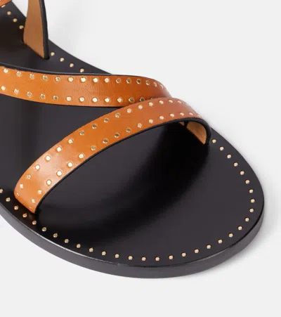 Isabel Marant Flat Brown Leather Sandals With Gold Stud Accents