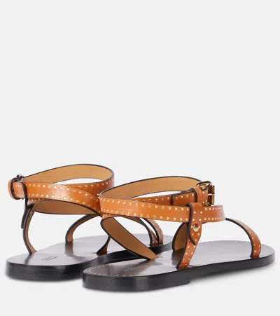 Isabel Marant Flat Brown Leather Sandals With Gold Stud Accents