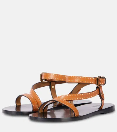 Isabel Marant Flat Brown Leather Sandals With Gold Stud Accents