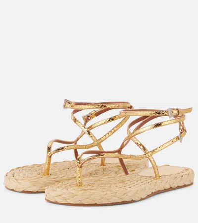 Paris Texas Lace-up Sandals In Natural Raffia And Gold Metallic Python-print Leather In Gold