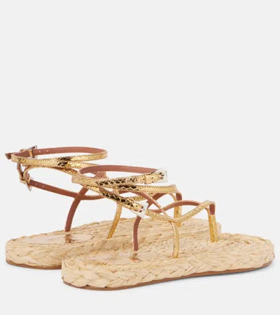 Paris Texas Lace-up Sandals In Natural Raffia And Gold Metallic Python-print Leather In Gold