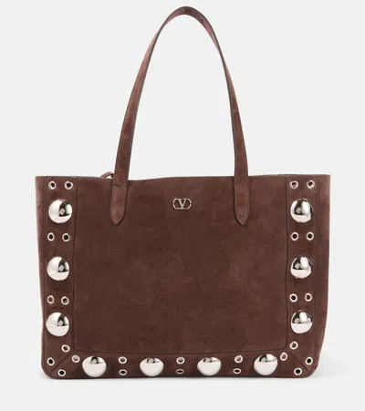Valentino Garavani Nellcote Embellished Suede Tote In Brown