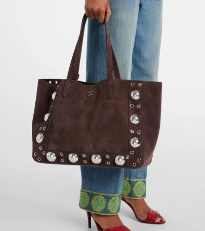 Valentino Garavani Nellcote Embellished Suede Tote In Brown