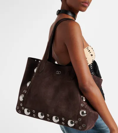 Valentino Garavani Nellcote Embellished Suede Tote In Brown