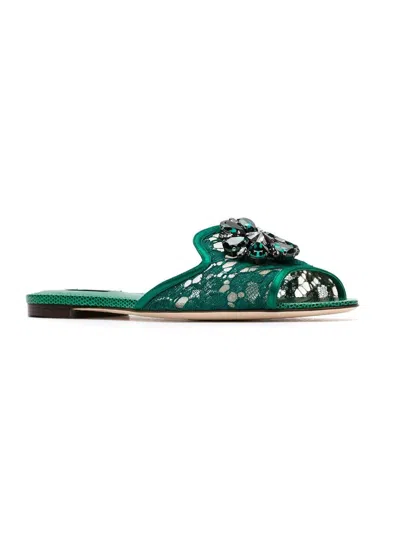 Dolce & Gabbana Lace Flat Sandals Crystal Embellishments In Green