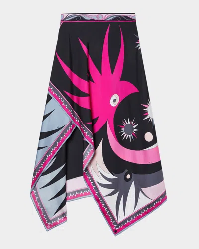 Pucci Stella Print Asymmetrical Midi Skirt In Nero/fuxia