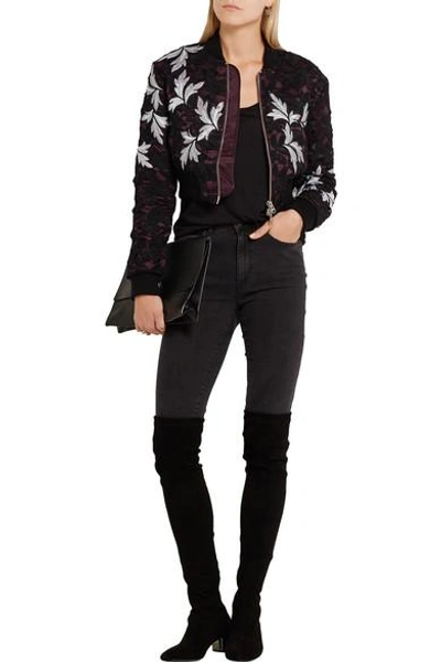 Shop Self-portrait Cropped Guipure Lace And Satin Bomber Jacket