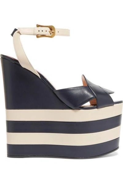 Gucci Sally Leather Platform Wedge Sandals In Navy | ModeSens