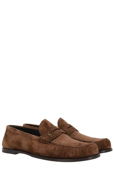 Saint Laurent Suede Penny Strap Loafers Round Toe In Brown