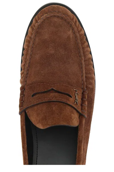 Saint Laurent Suede Penny Strap Loafers Round Toe In Brown