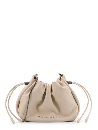 Brunello Cucinelli Mellow Mini Bucket Bag In Soft Leather With Precious Chain In White