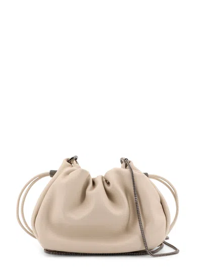 Brunello Cucinelli Mellow Mini Bucket Bag In Soft Leather With Precious Chain In White