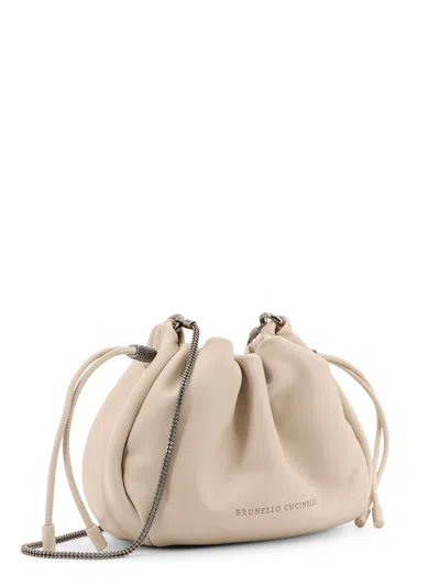 Brunello Cucinelli Mellow Mini Bucket Bag In Soft Leather With Precious Chain In White