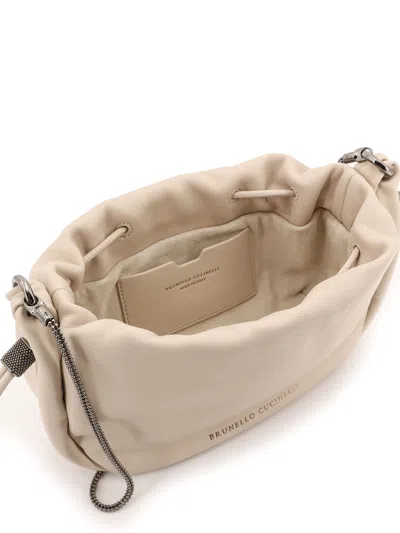 Brunello Cucinelli Mellow Mini Bucket Bag In Soft Leather With Precious Chain In White