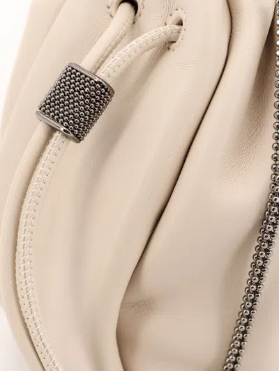 Brunello Cucinelli Mellow Mini Bucket Bag In Soft Leather With Precious Chain In White