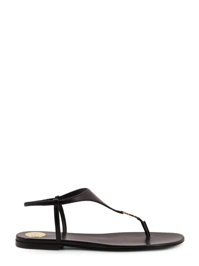 Saint Laurent Smooth Leather Cassandra Triangular Upper Flat Sandals Shoes In Black