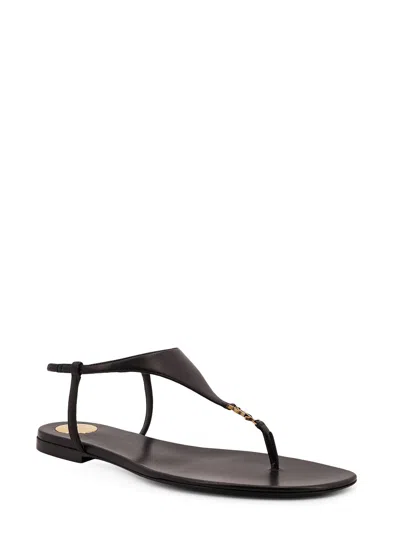 Saint Laurent Smooth Leather Cassandra Triangular Upper Flat Sandals Shoes In Black