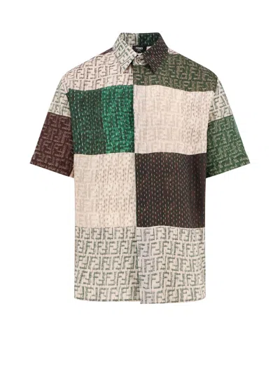 Fendi Men Linen Shirt With All-over Ff Print In Multi