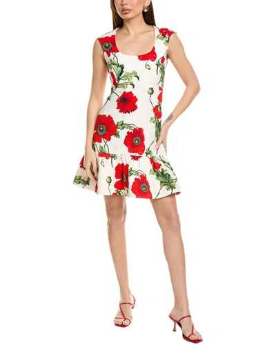 Oscar De La Renta Floral Cotton Cloque Mini Dress In White Red
