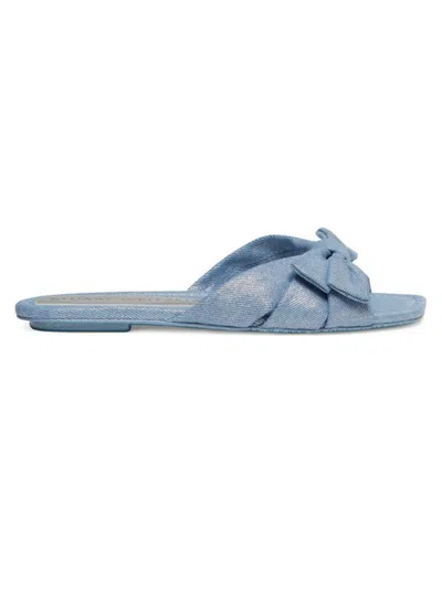 Stuart Weitzman Sofia Metallic Denim Bow Slide Sandals In Silver Blue