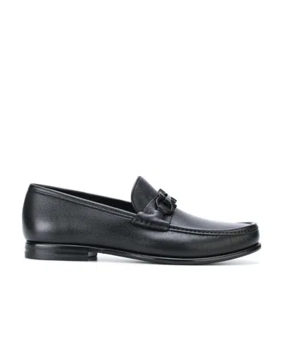 Ferragamo Crown Leather Loafer With Gancini Detail In Black