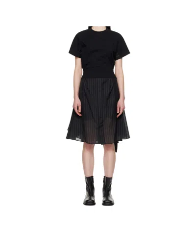 Sacai Womens Black Grey Glen Check-panelled Cotton-jersey Midi Dress In Black