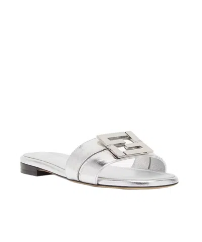 Fendi Ffold Metallic Leather Sandals In Silver