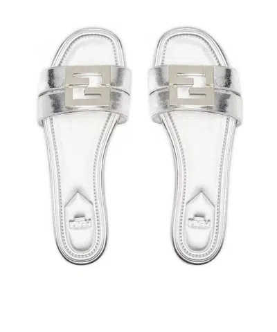 Fendi Ffold Metallic Leather Sandals In Silver