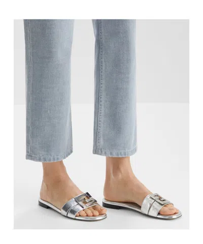 Fendi Ffold Metallic Leather Sandals In Silver
