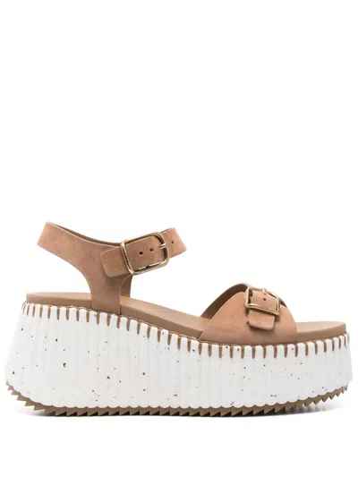 Chloé Isla 105 Calf Leather Wedge Sandals In Brown