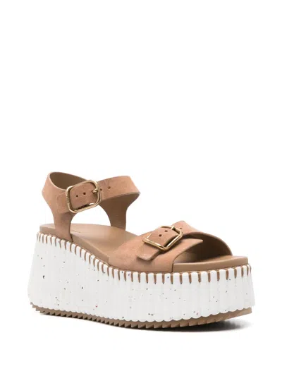 Chloé Isla 105 Calf Leather Wedge Sandals In Brown