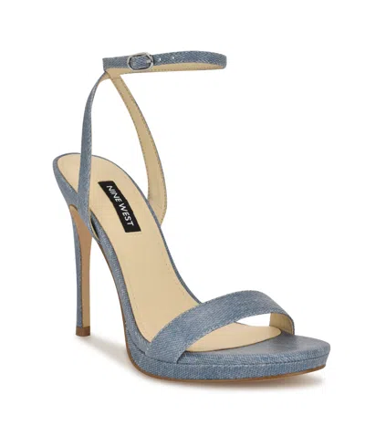 Nine West Women's Loola Ankle Strap High Stiletto Sandals In Laminated Denim