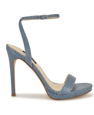 Nine West Women's Loola Ankle Strap High Stiletto Sandals In Laminated Denim
