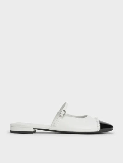 Charles & Keith - Pearl-embellished Cap-toe Flat Mules In White