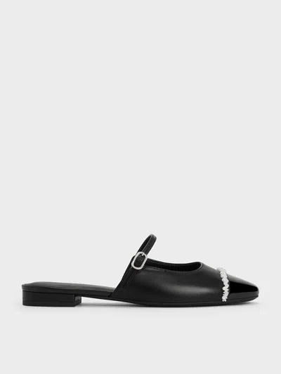 Charles & Keith - Pearl-embellished Cap-toe Flat Mules In Black