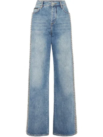 Philipp Plein Denim Skater Fit Trousers Rib Strass In Blue