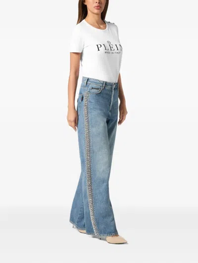 Philipp Plein Denim Skater Fit Trousers Rib Strass In Blue