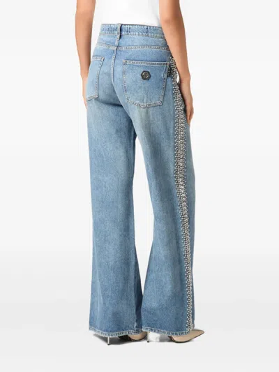 Philipp Plein Denim Skater Fit Trousers Rib Strass In Blue