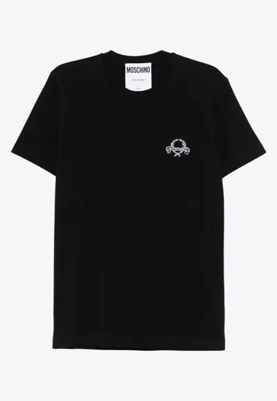 Moschino Short-sleeve Black T-shirt With Intricate Embroidery In Black