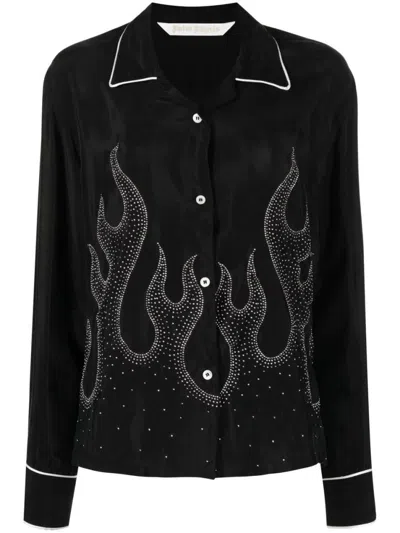 Palm Angels Flame-embroidered Shirt Crystal Embellishments In Black