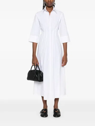 Seventy Pleated White Dress With Buttoned Cuffs And Side Slits In White