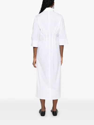 Seventy Pleated White Dress With Buttoned Cuffs And Side Slits In White
