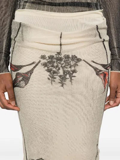 Jean Paul Gaultier Mesh Skirt Double Layer Printed Tattoo Rose & Bird In Nude