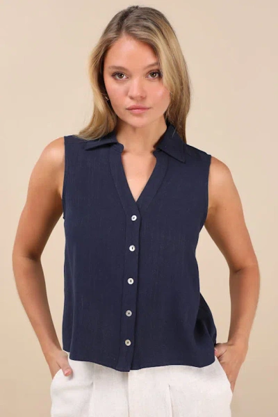 Lulus Casual Contentment Navy Linen Button-up Collared Tank Top In Navy