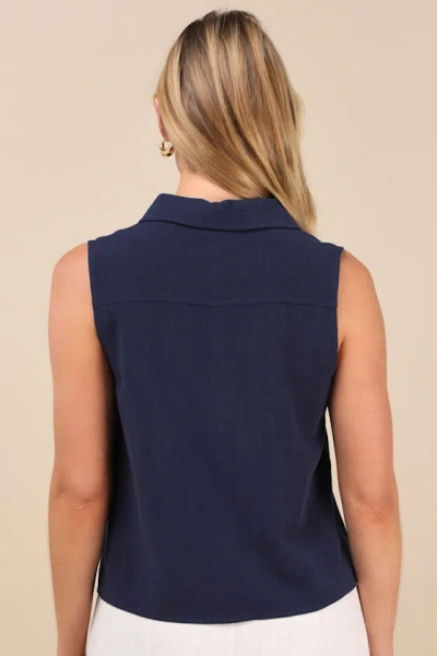 Lulus Casual Contentment Navy Linen Button-up Collared Tank Top In Navy