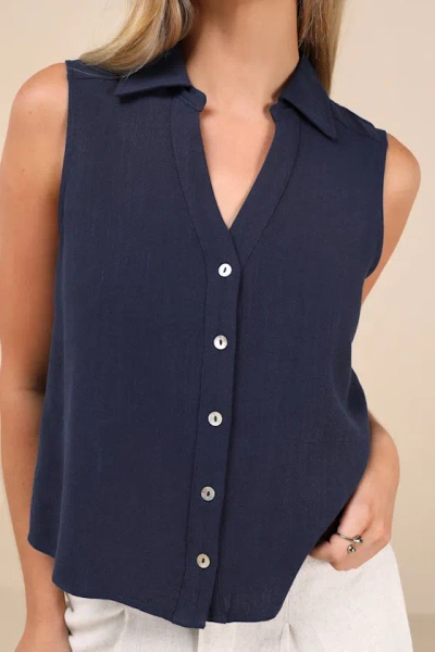 Lulus Casual Contentment Navy Linen Button-up Collared Tank Top In Navy
