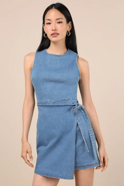 Lulus Albena Medium Wash Denim Sleeveless Mini Wrap Dress In Blue