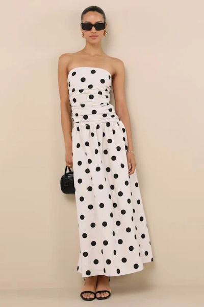 4th & Reckless Brona Cream Polka Dot Ruched Drop Waist Strapless Midi Dress In White