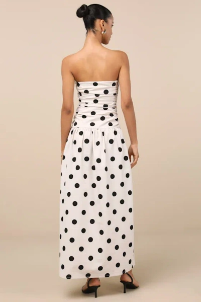 4th & Reckless Brona Cream Polka Dot Ruched Drop Waist Strapless Midi Dress In White
